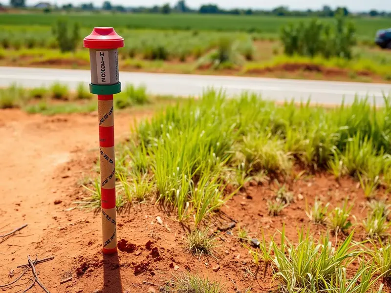 Red-capped survey beacon at a Ukhiri Community plot corner